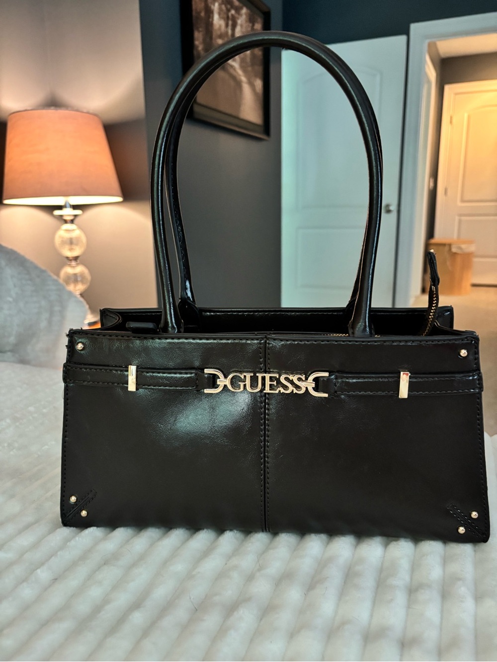 GUESS Black Patent Leather Shoulder Bag with Gold Logo